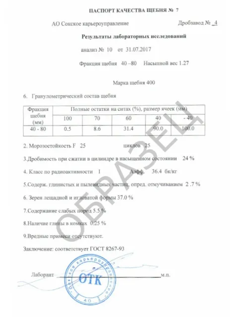Паспорт качества щебня 40х80 Сокский карьер