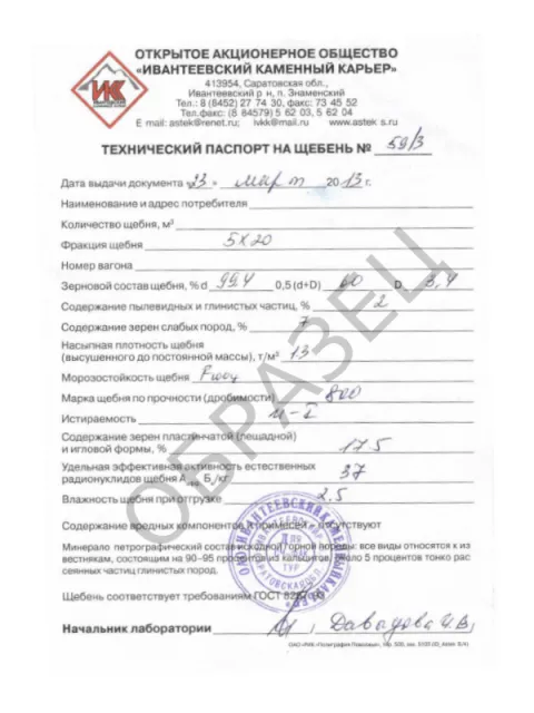Технический паспорт на щебень 5х20 Ивантеевский карьер