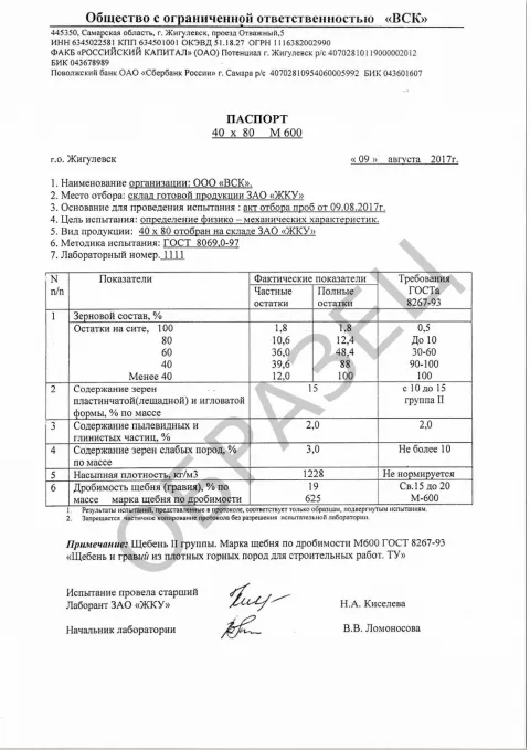 Паспорт качества щебня 40х80 М600 Жигулевский карьер