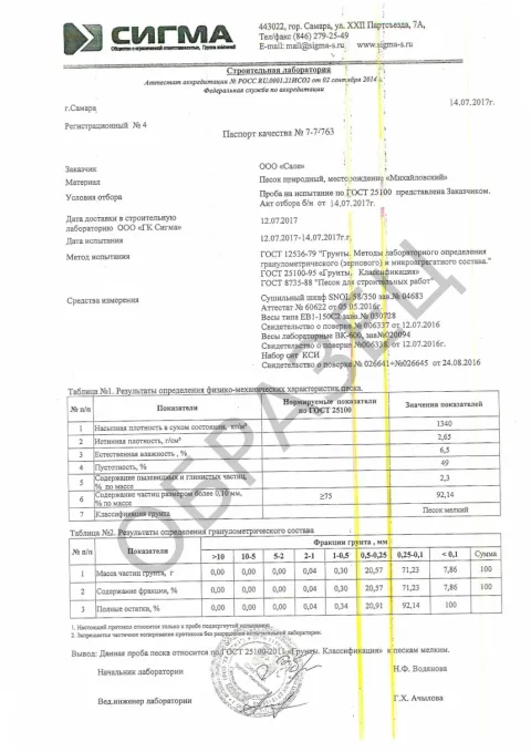 Паспорт качества карьерный песок п. Формальный